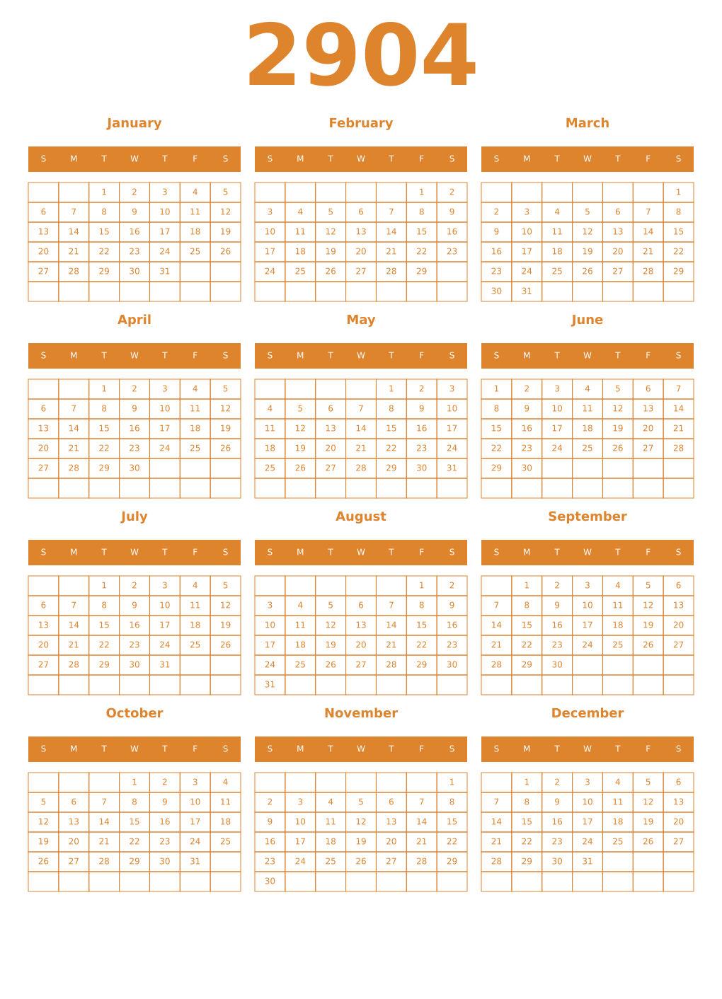 Printable 2904 Year Calendars orange