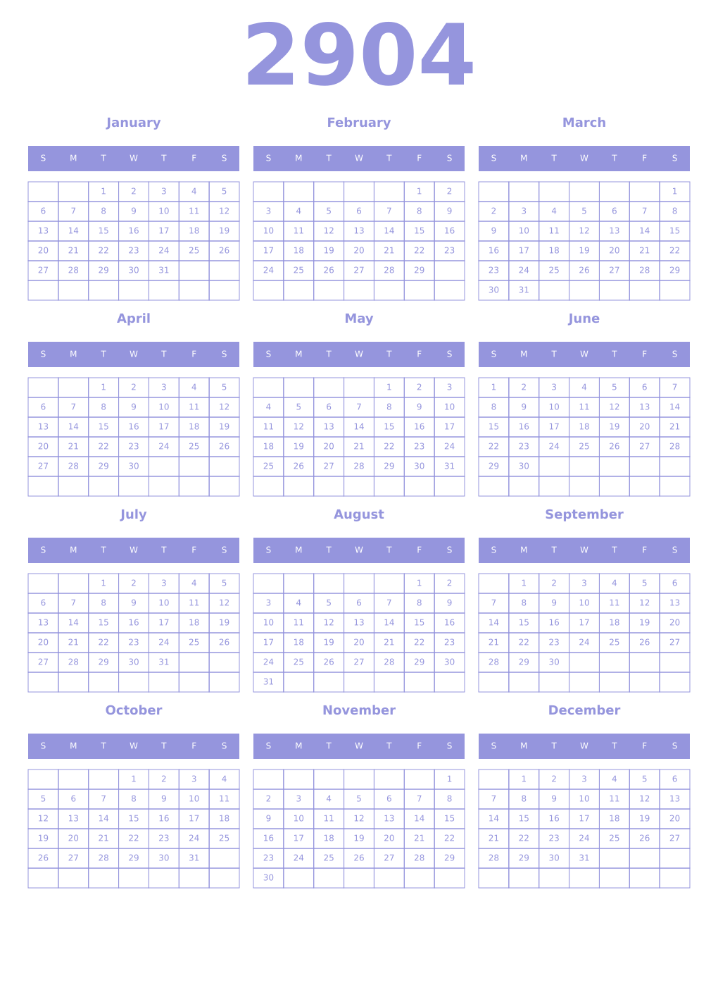 Printable 2904 Year Calendars periwinkle