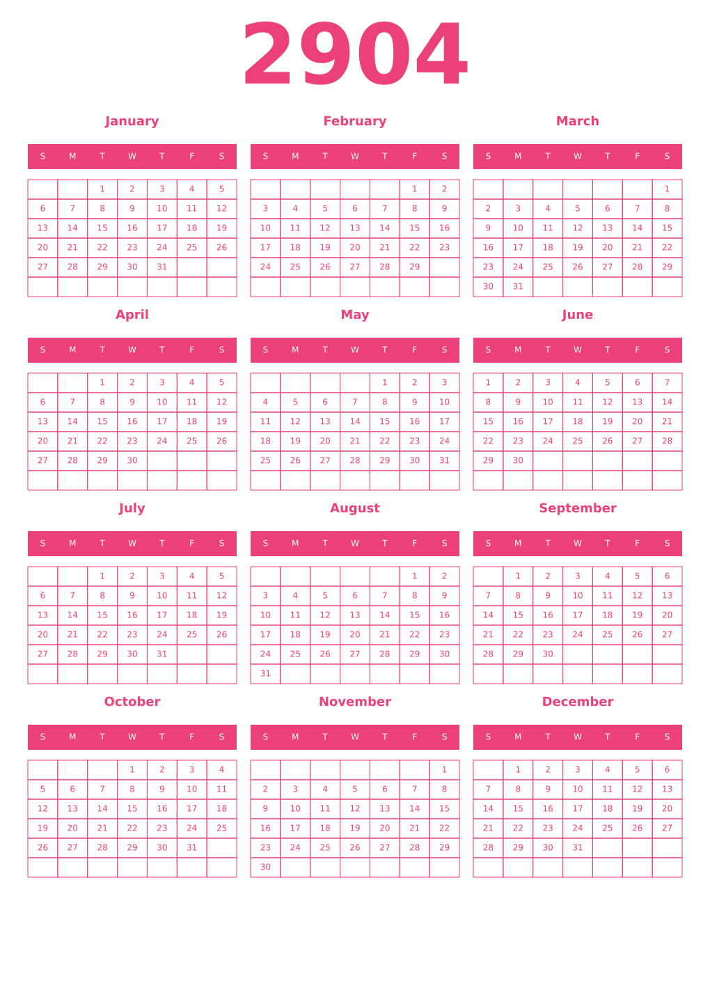 Printable 2904 Year Calendars pink