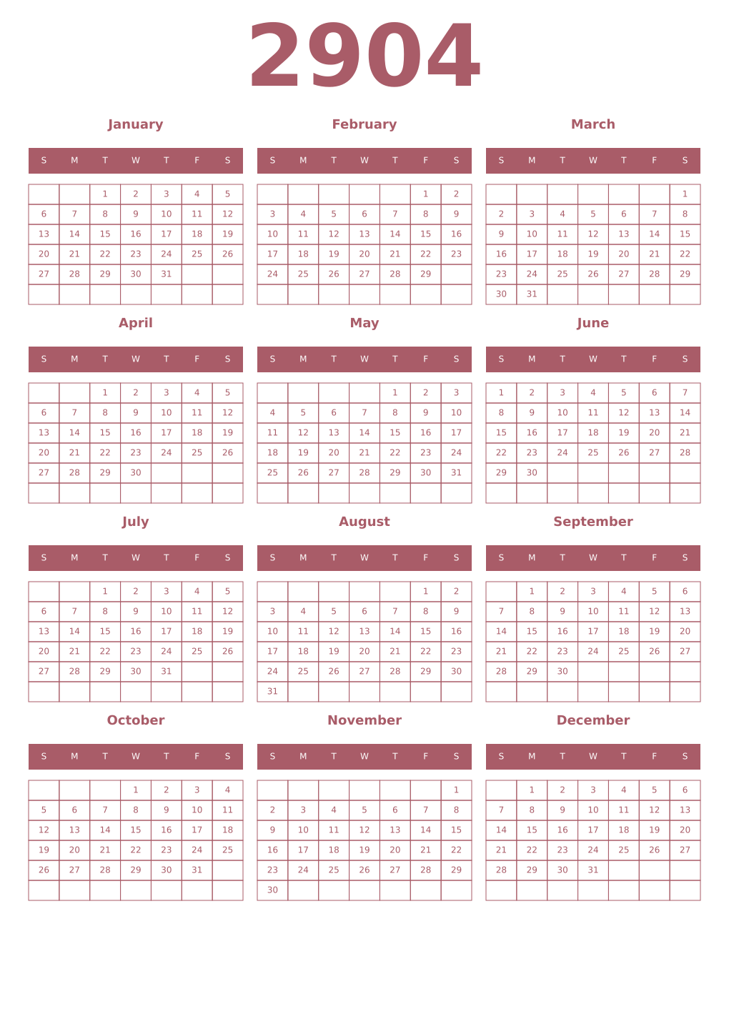 Printable 2904 Year Calendars puce