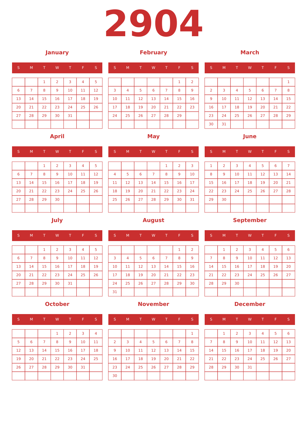 Printable 2904 Year Calendars red