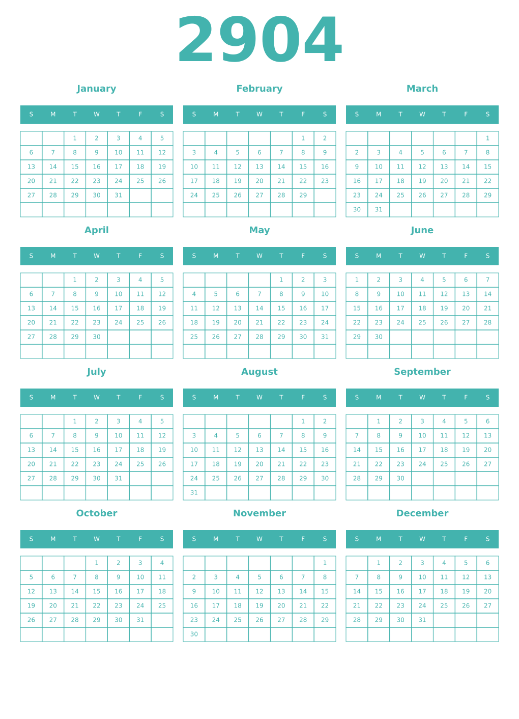 Printable 2904 Year Calendars verdigris