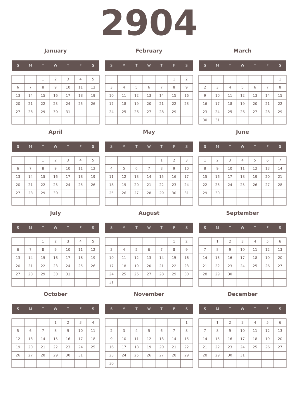 Printable 2904 Year Calendars wenge