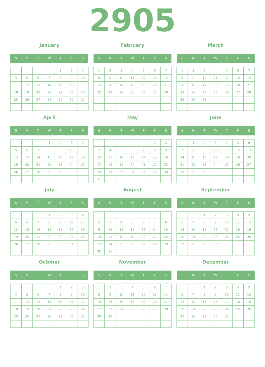 Printable 2905 Year Calendars celadon