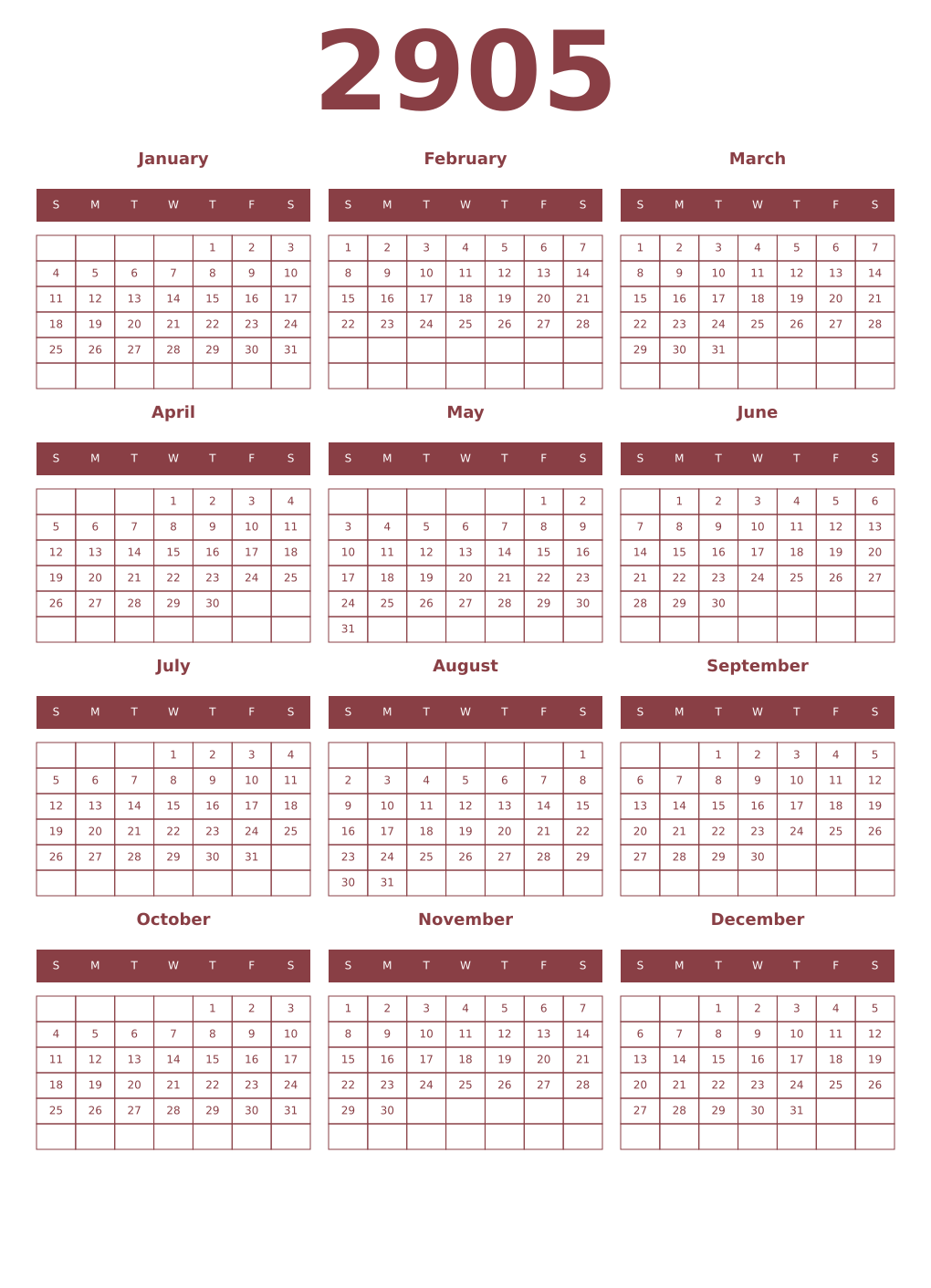 Printable 2905 Year Calendars cordovan