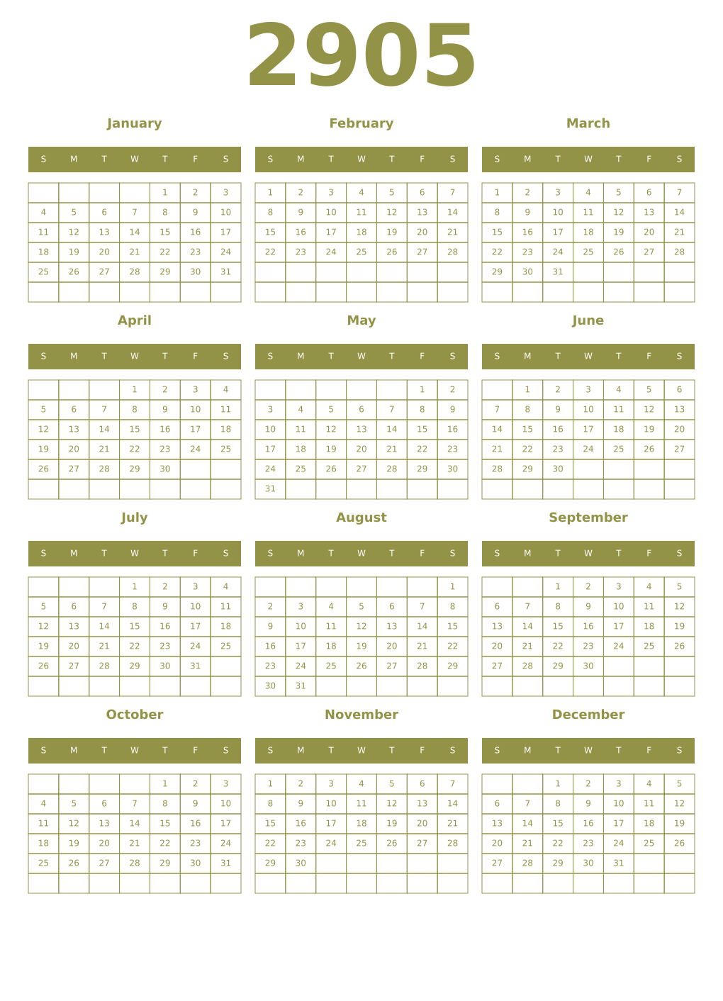 Printable 2905 Year Calendars eburnean