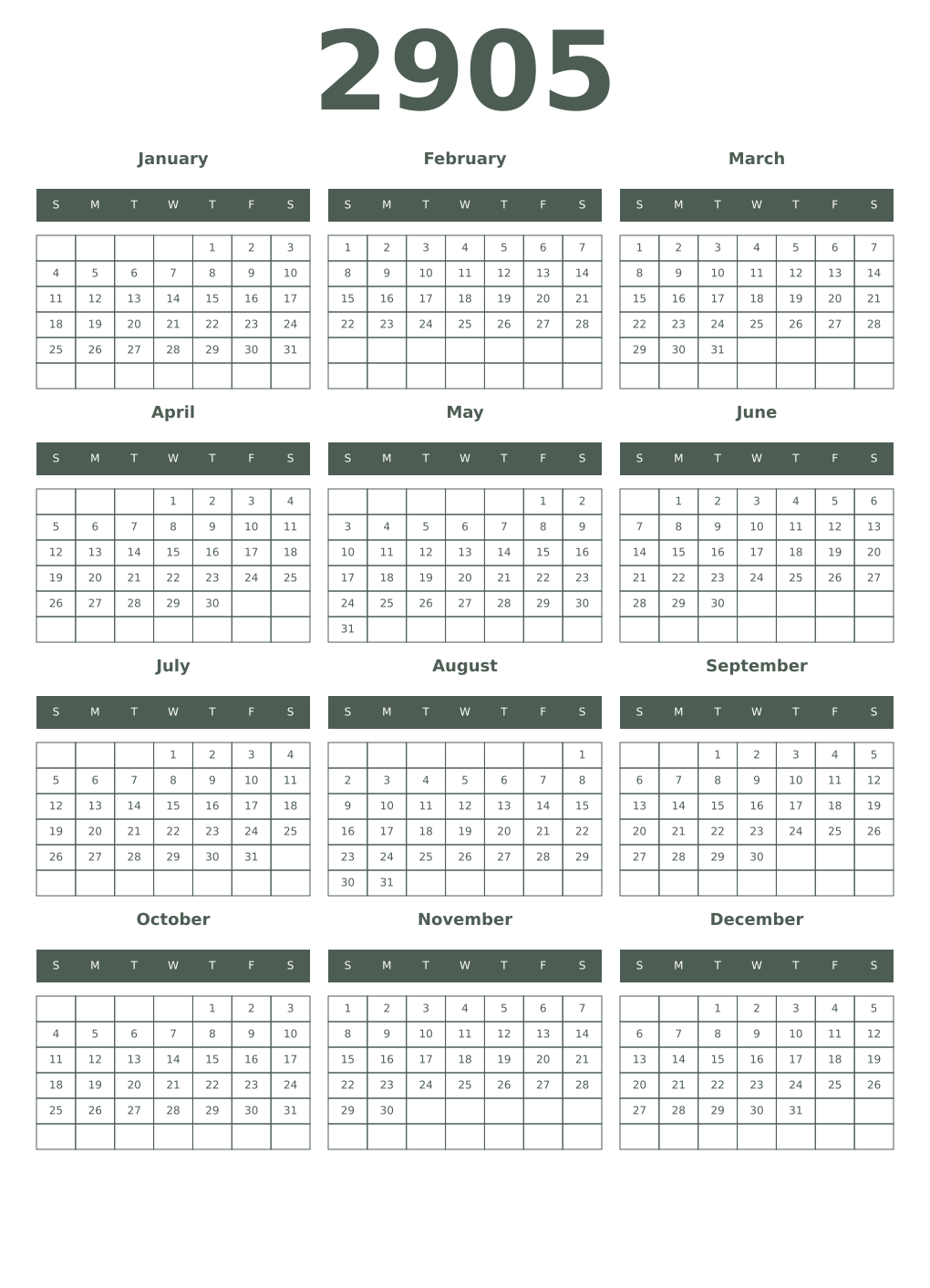 Printable 2905 Year Calendars feldgrau