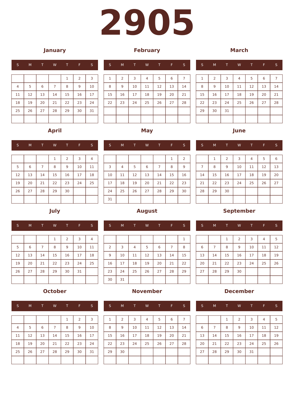Printable 2905 Year Calendars mortuum