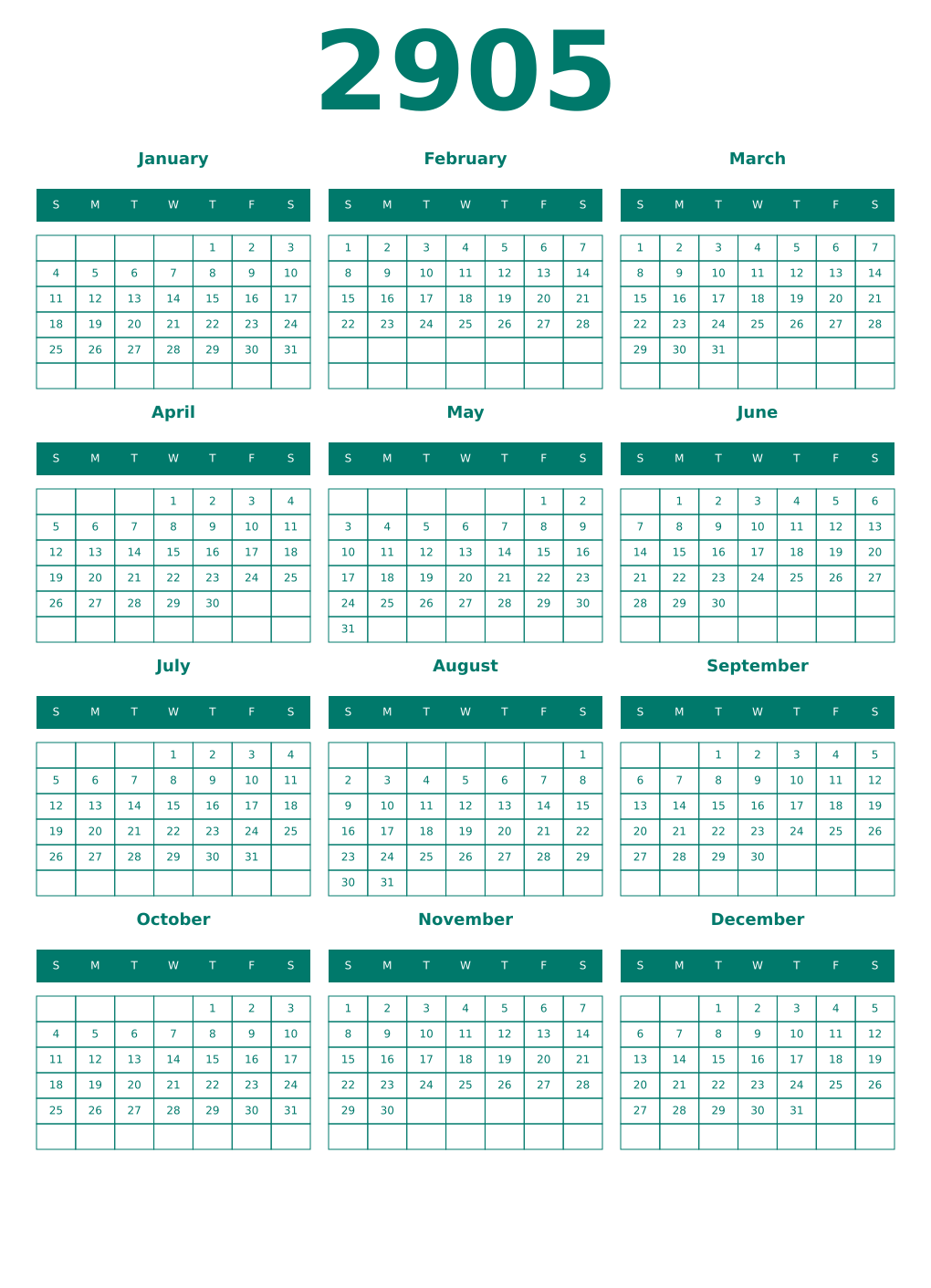 Printable 2905 Year Calendars pastel