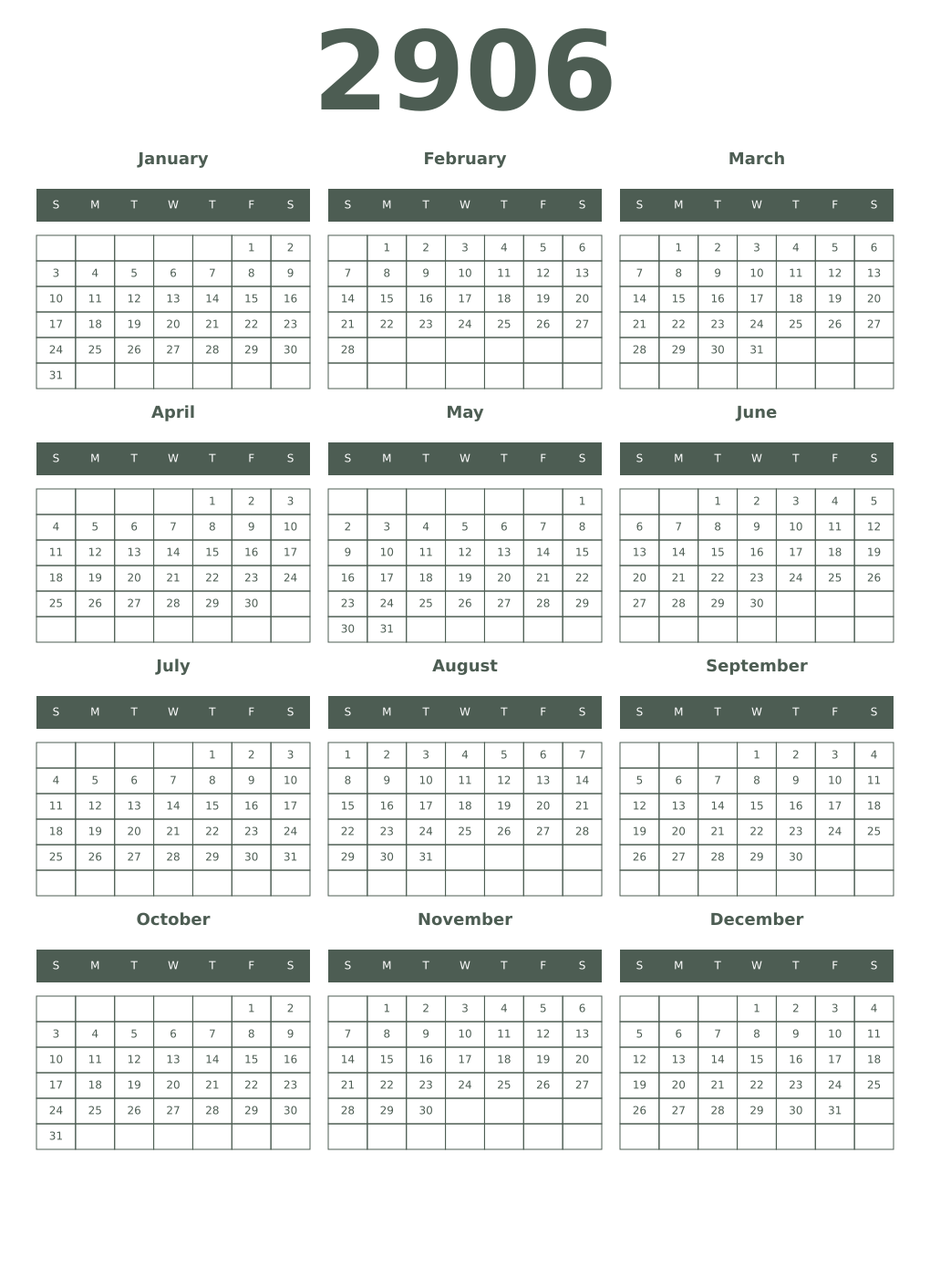 Printable 2906 Year Calendars feldgrau