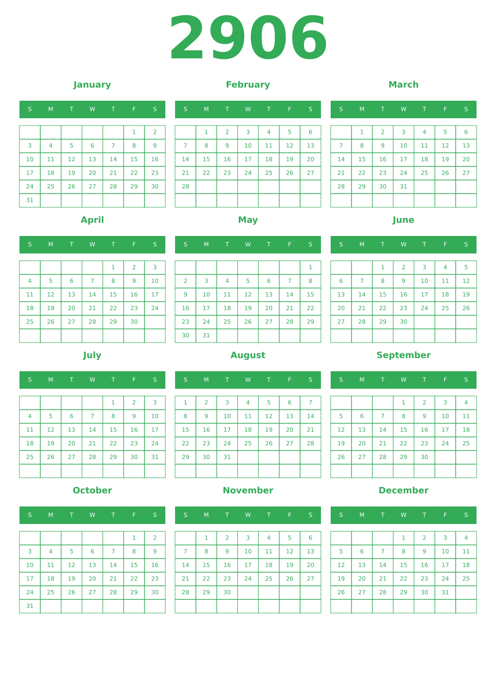 Printable 2906 Year Calendars green