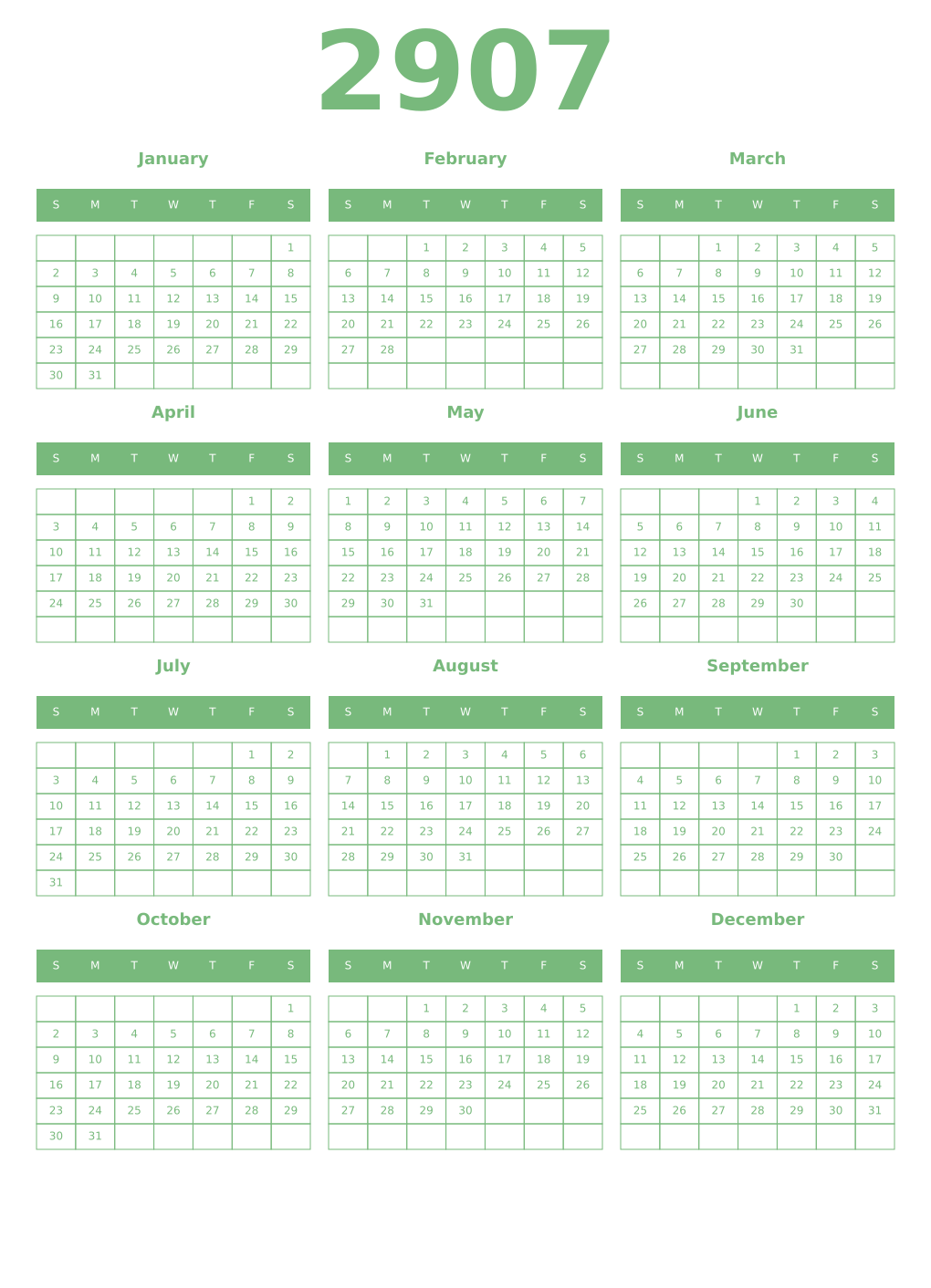 Printable 2907 Year Calendars celadon