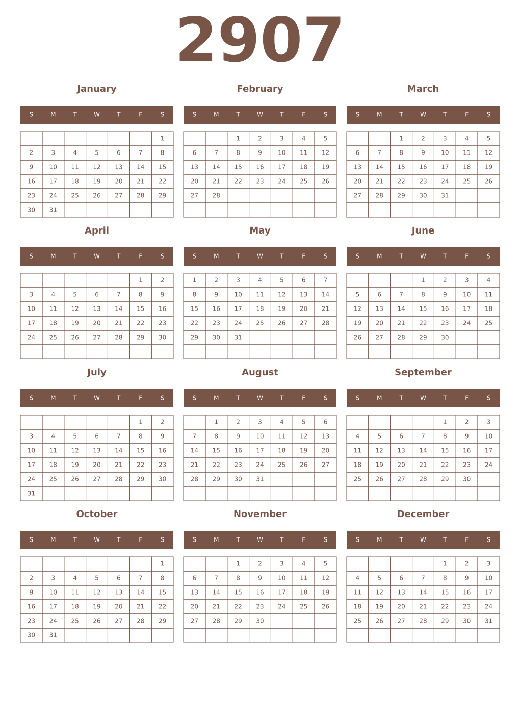 Printable 2907 Year Calendars coffe