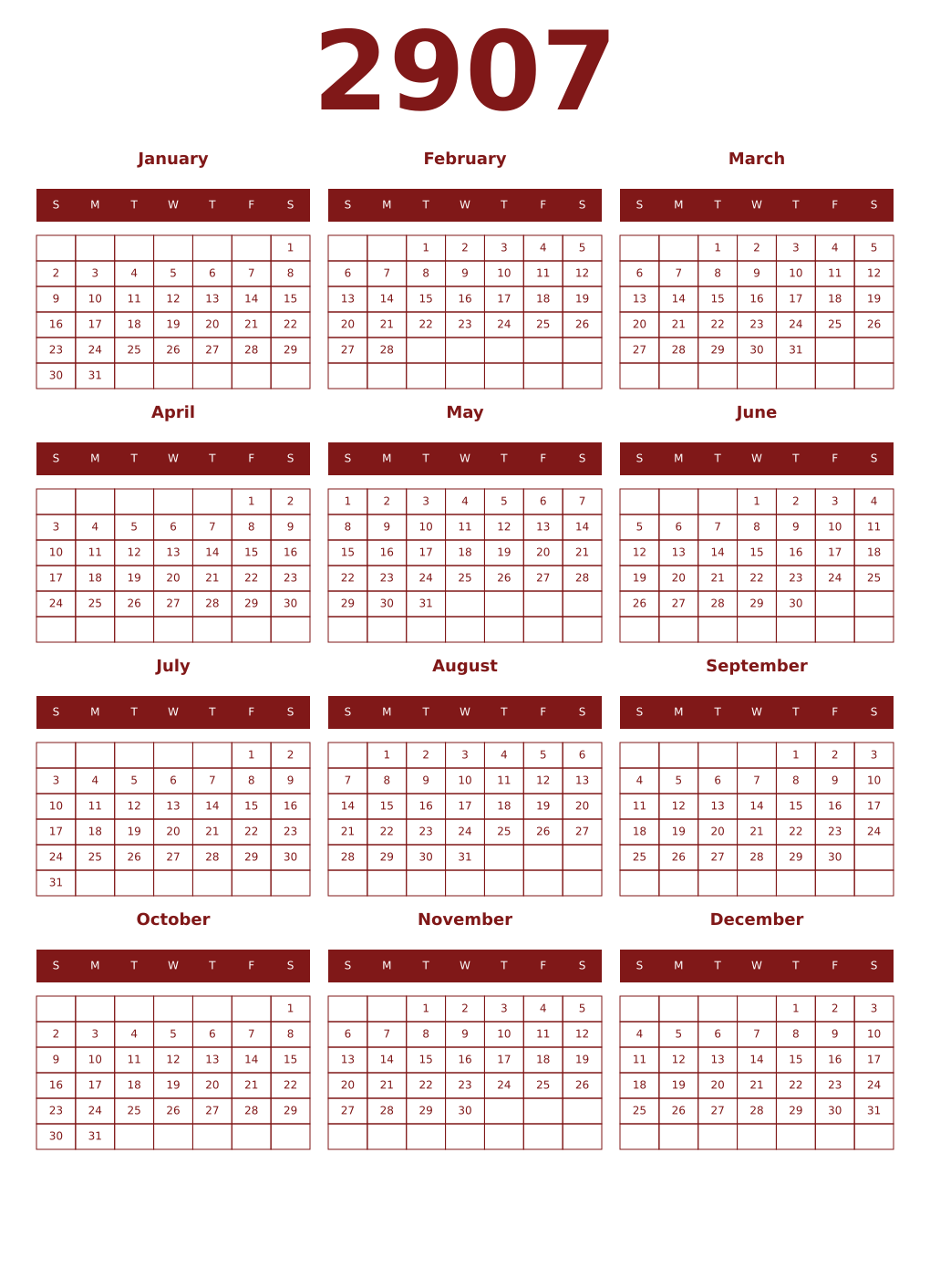 Printable 2907 Year Calendars falu