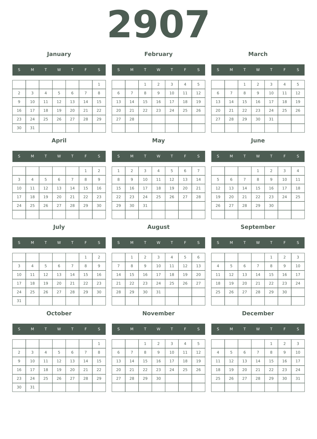 Printable 2907 Year Calendars feldgrau
