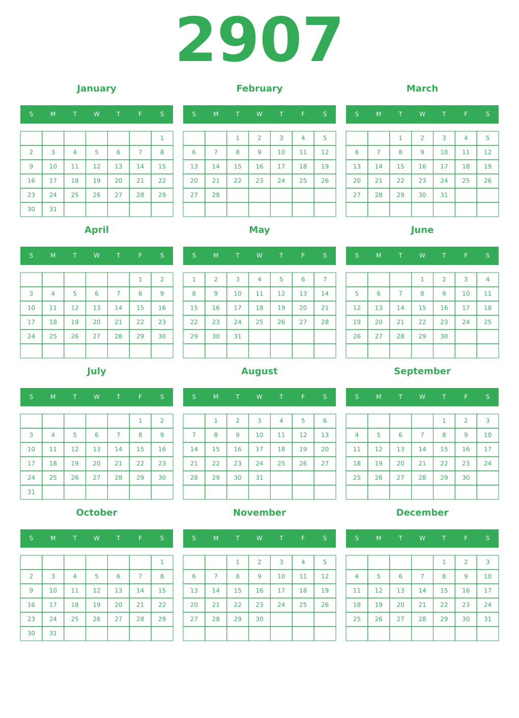 Printable 2907 Year Calendars green