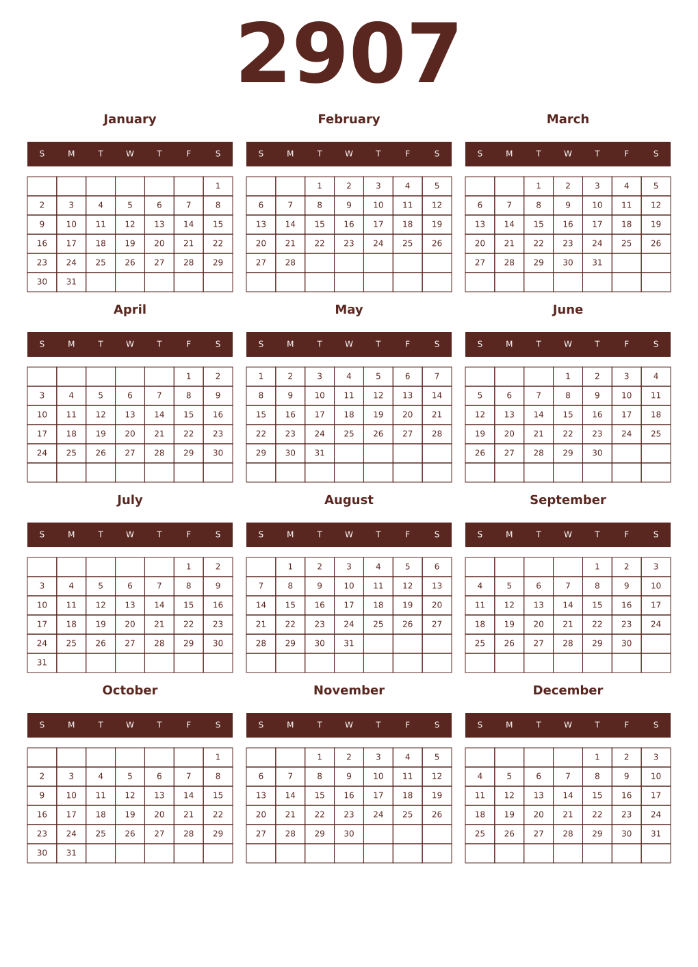 Printable 2907 Year Calendars mortuum