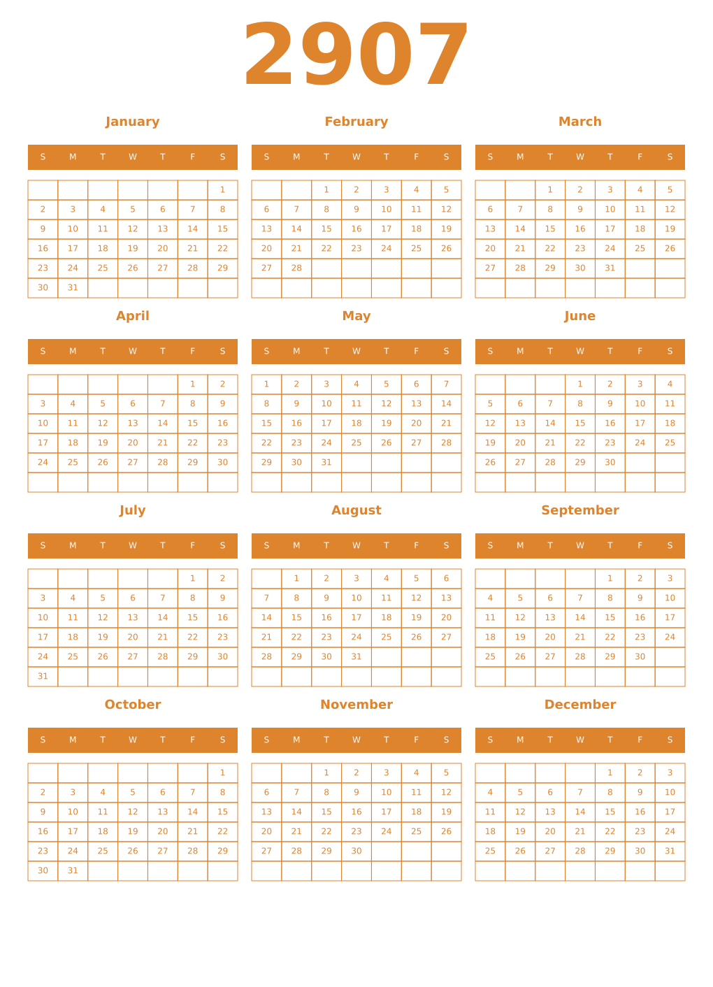 Printable 2907 Year Calendars orange