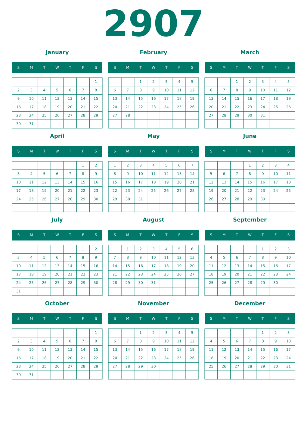 Printable 2907 Year Calendars pastel