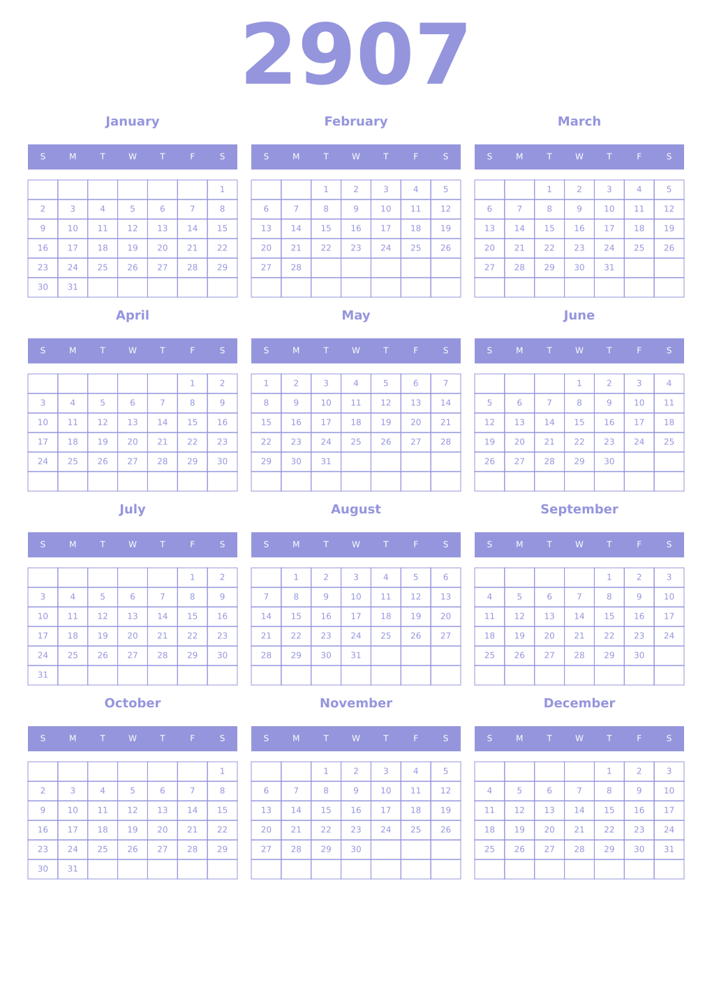 Printable 2907 Year Calendars periwinkle