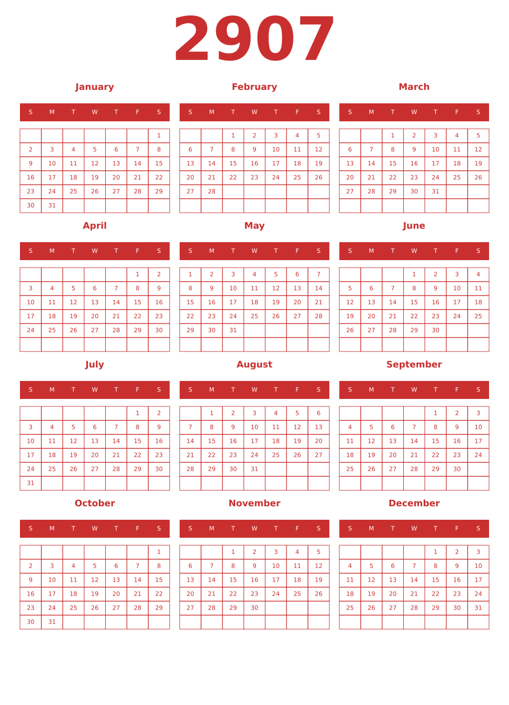 Printable 2907 Year Calendars red