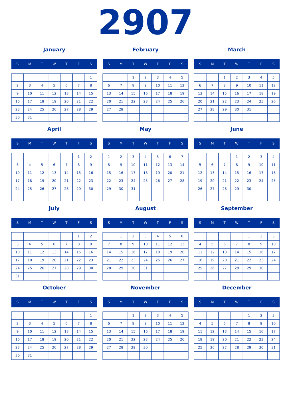Printable 2907 Year Calendars smalt