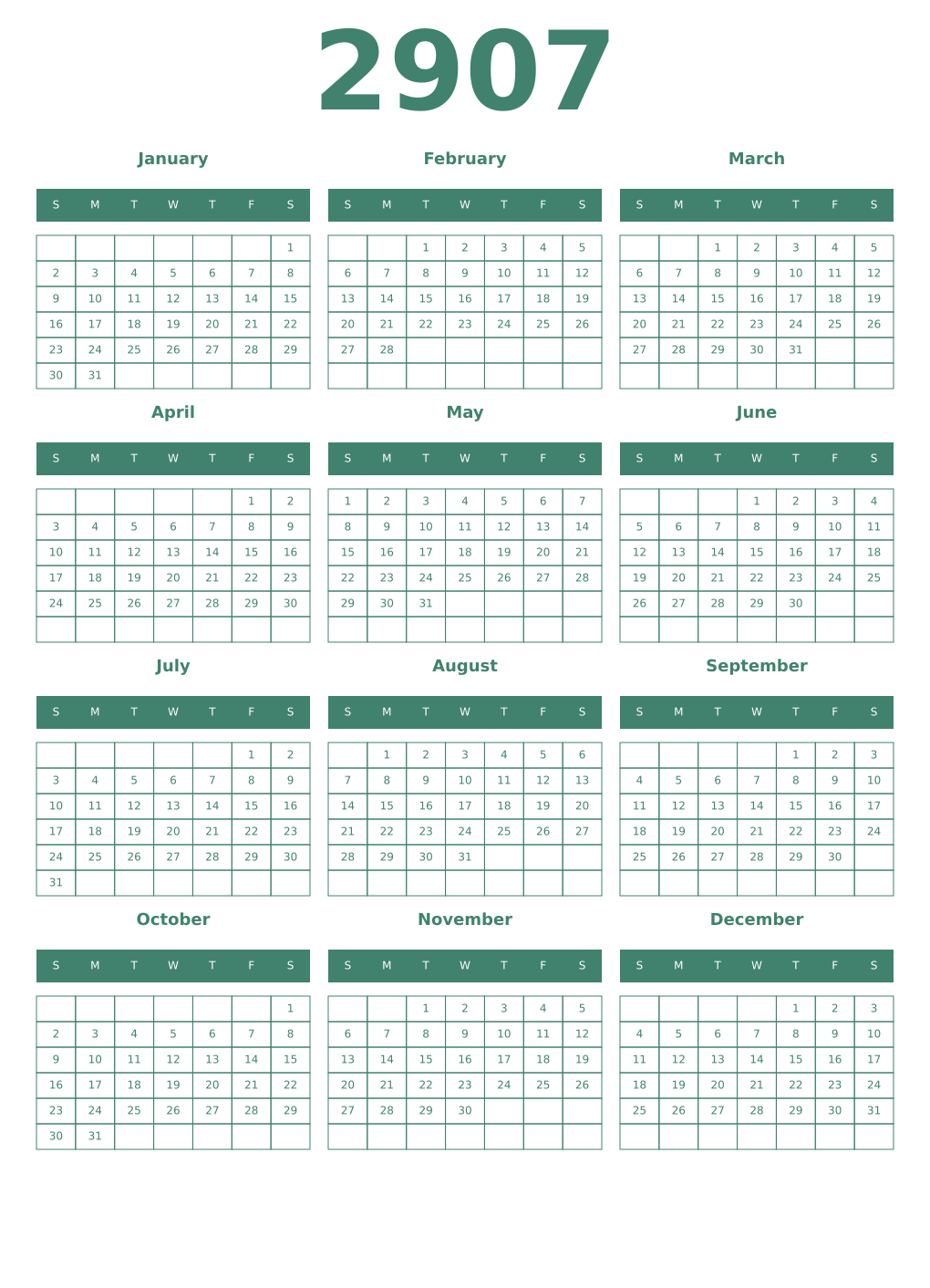 Printable 2907 Year Calendars viridian