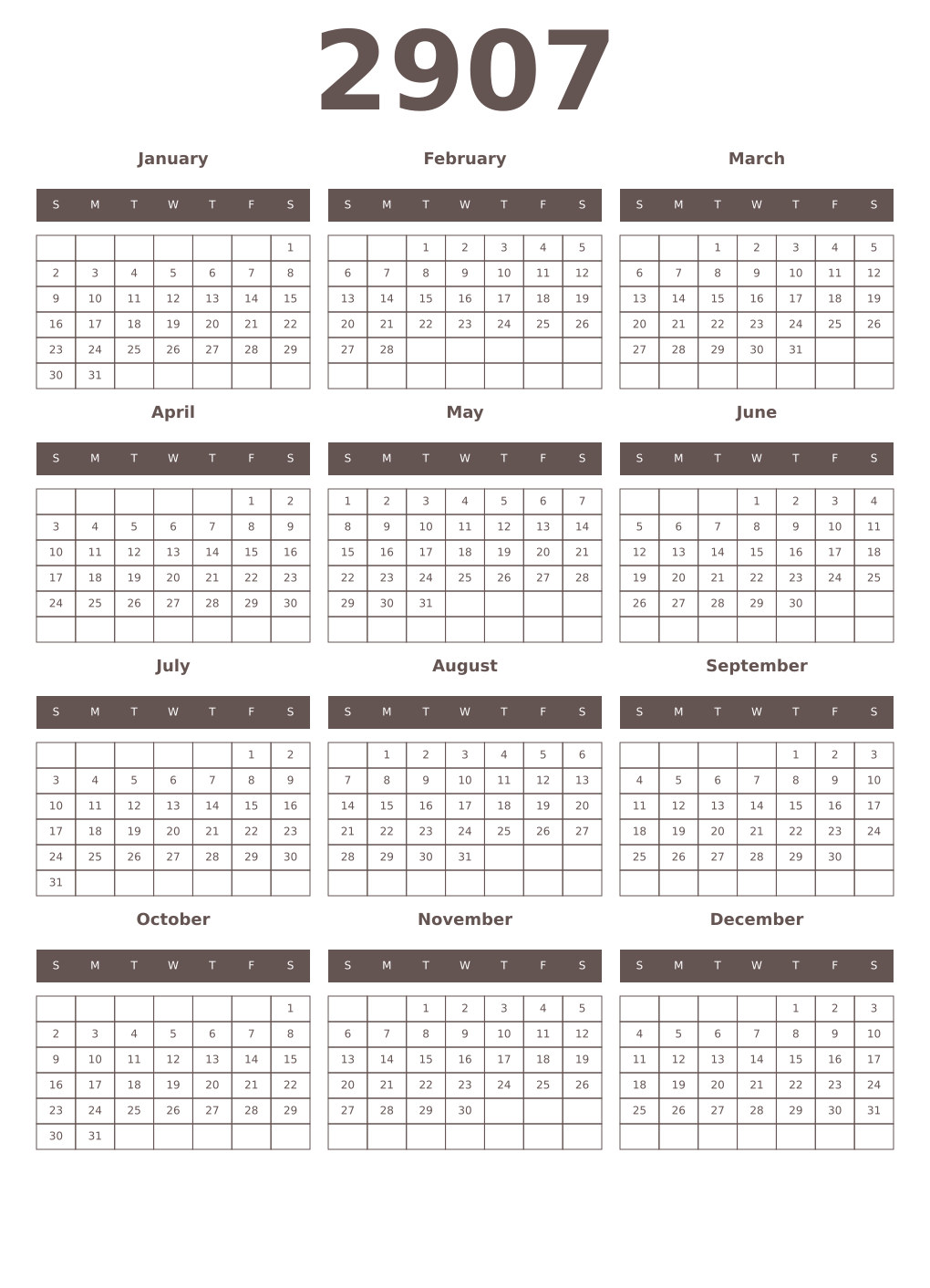 Printable 2907 Year Calendars wenge