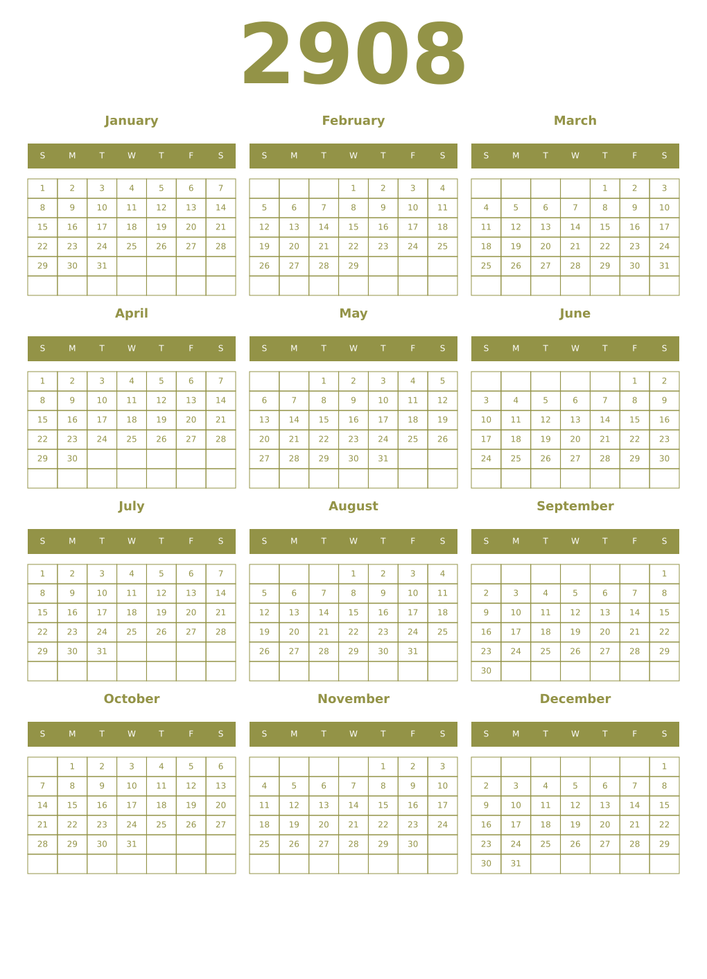 Printable 2908 Year Calendars eburnean