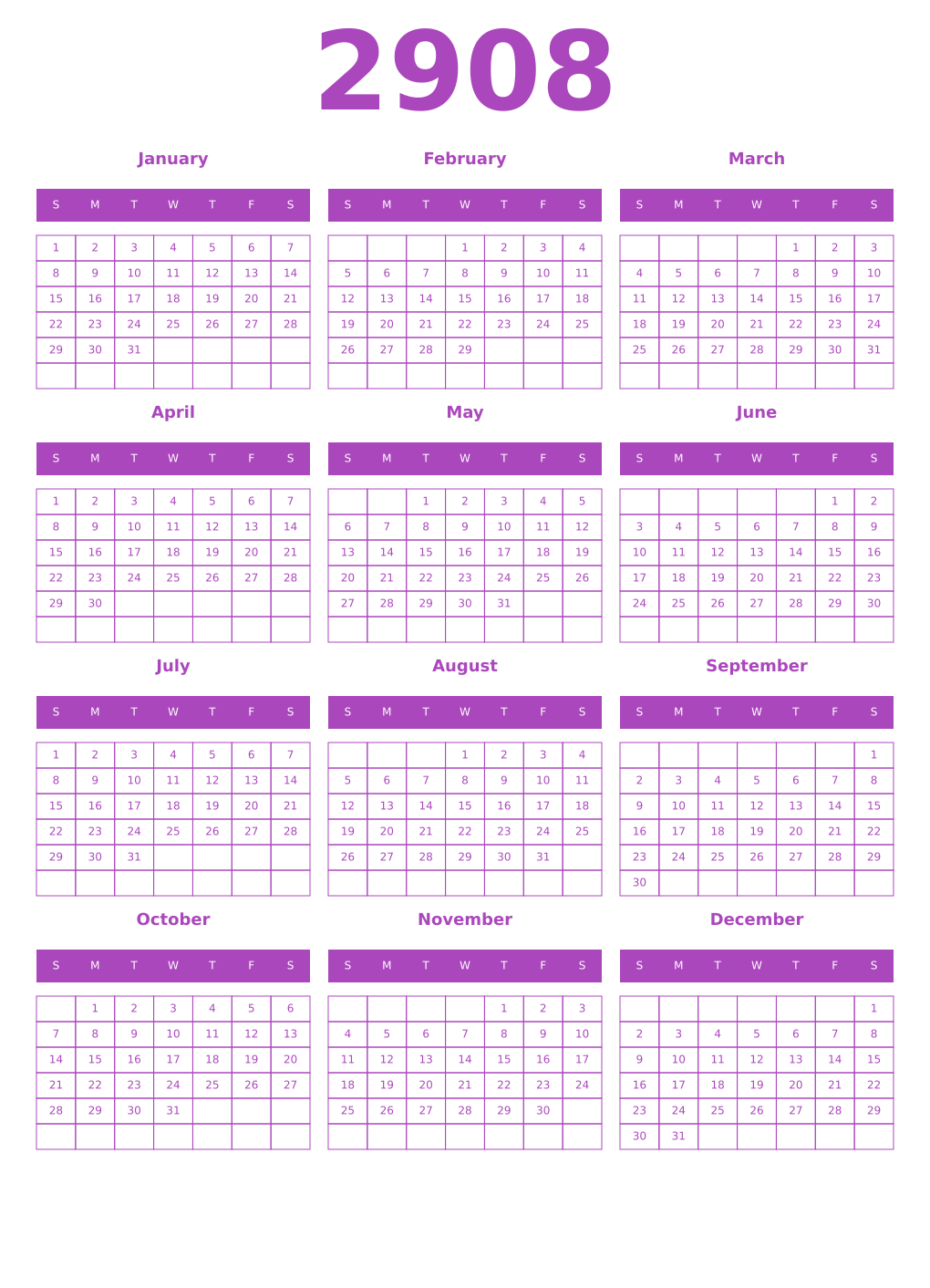 Printable 2908 Year Calendars purple