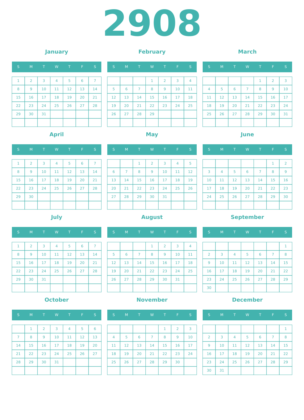 Printable 2908 Year Calendars verdigris