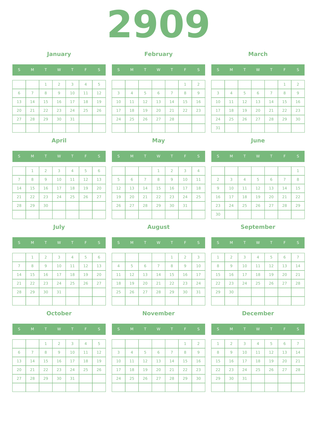Printable 2909 Year Calendars celadon