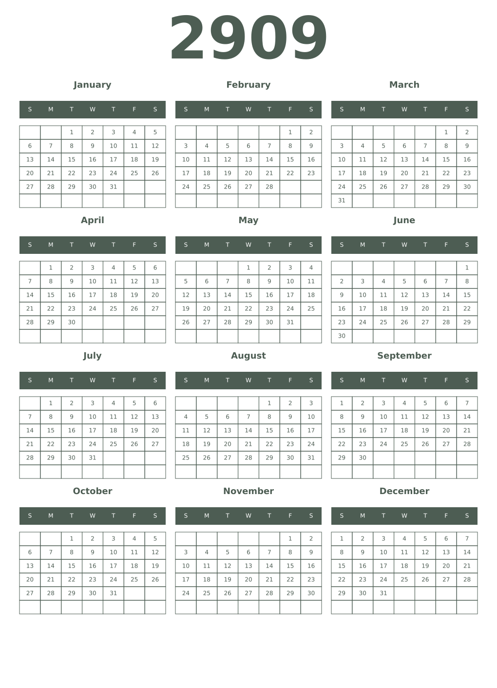 Printable 2909 Year Calendars feldgrau