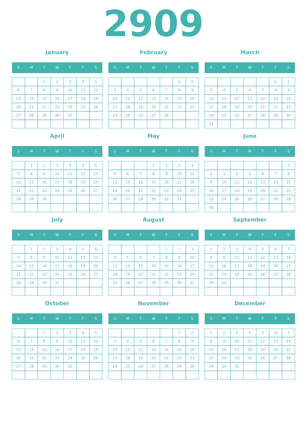 Printable 2909 Year Calendars verdigris