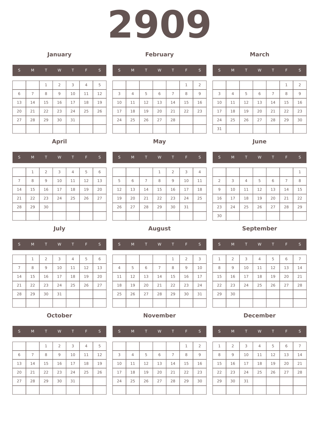 Printable 2909 Year Calendars wenge
