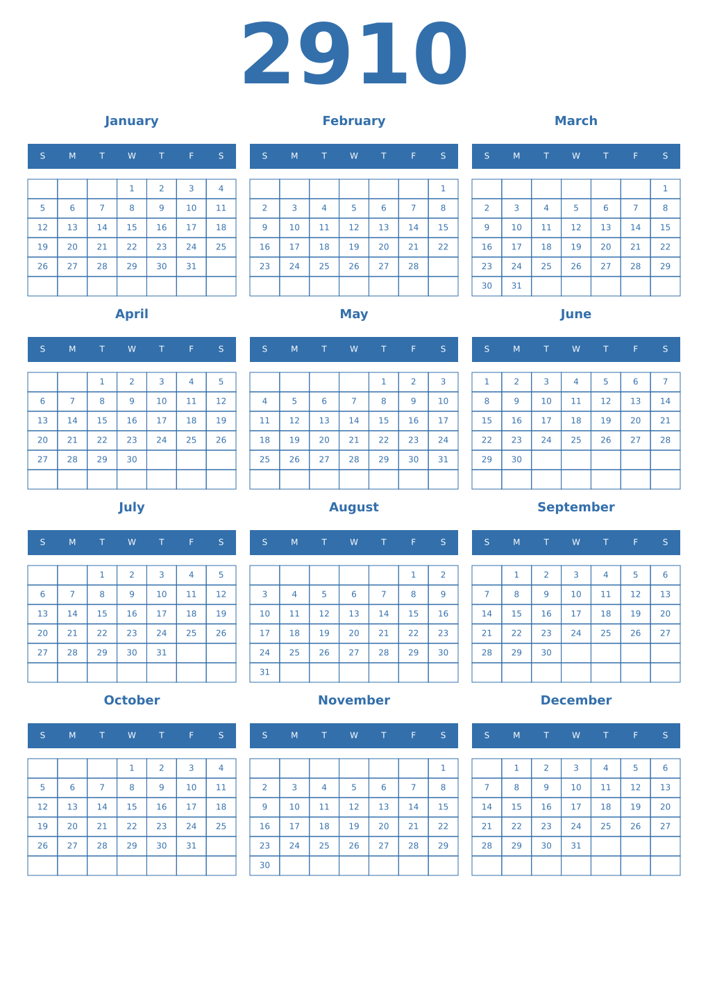 Printable 2910 Year Calendars blue