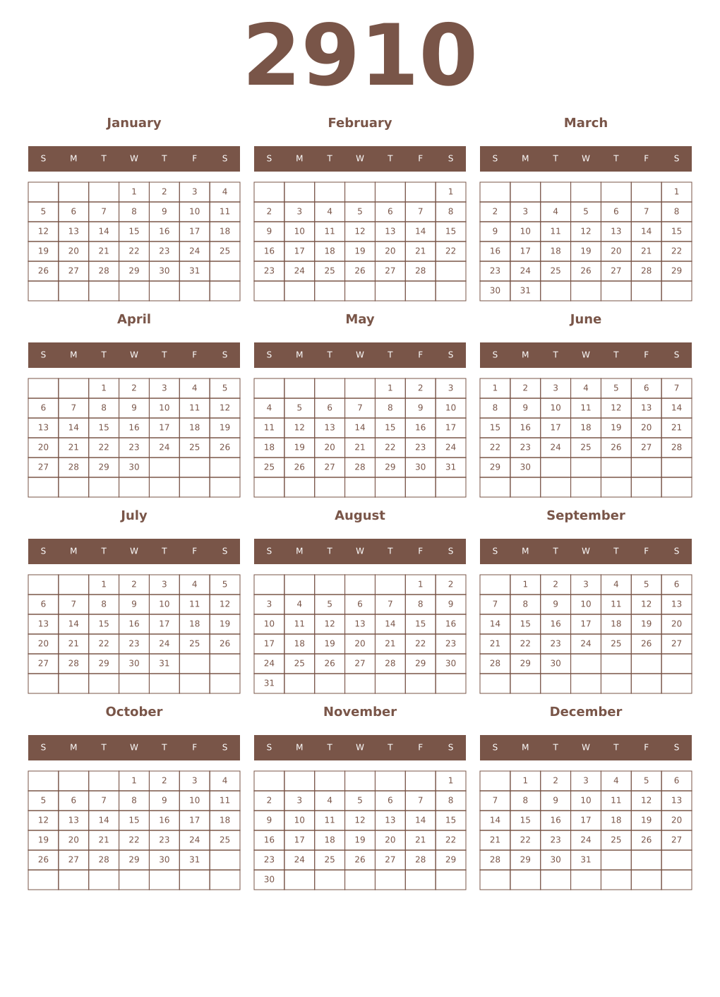 Printable 2910 Year Calendars coffe
