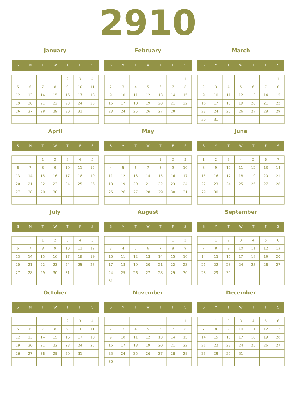 Printable 2910 Year Calendars eburnean