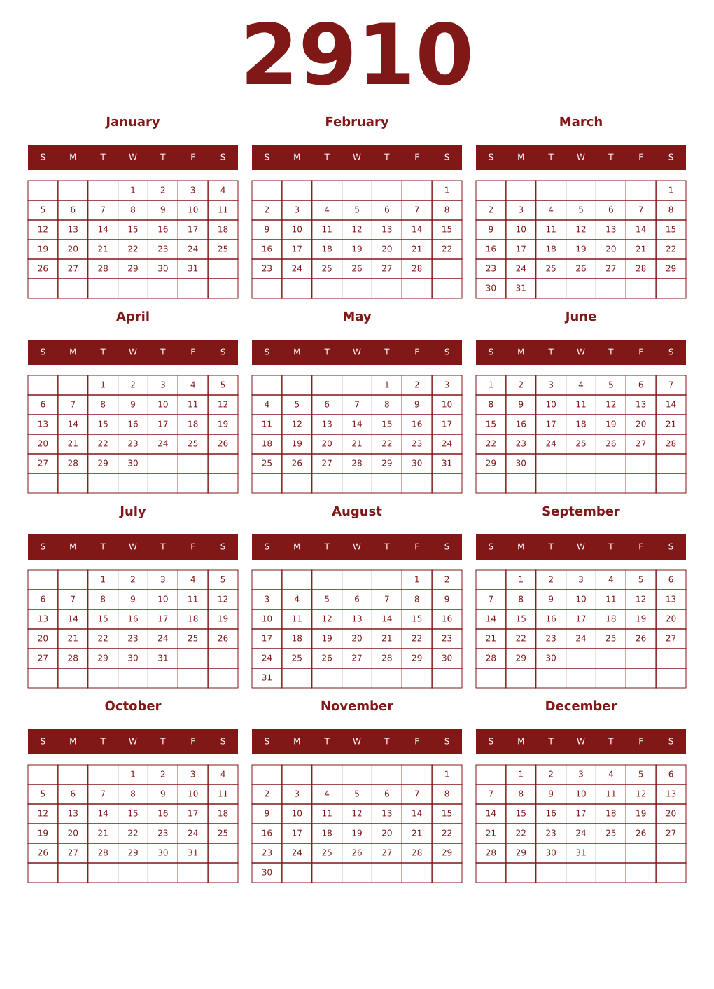 Printable 2910 Year Calendars falu