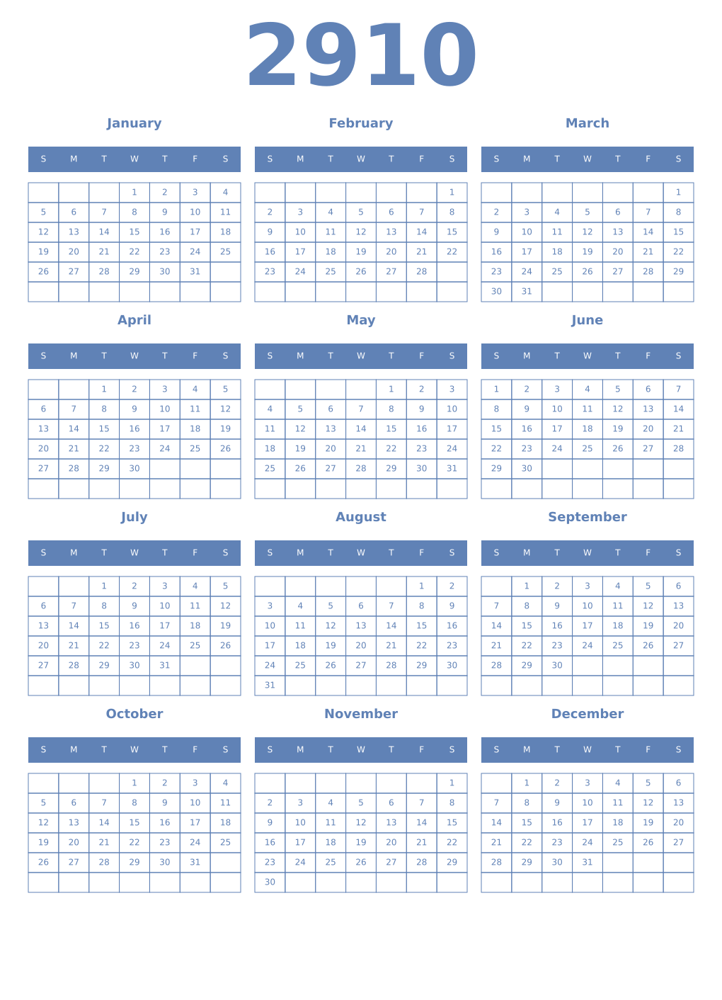 Printable 2910 Year Calendars glaucous