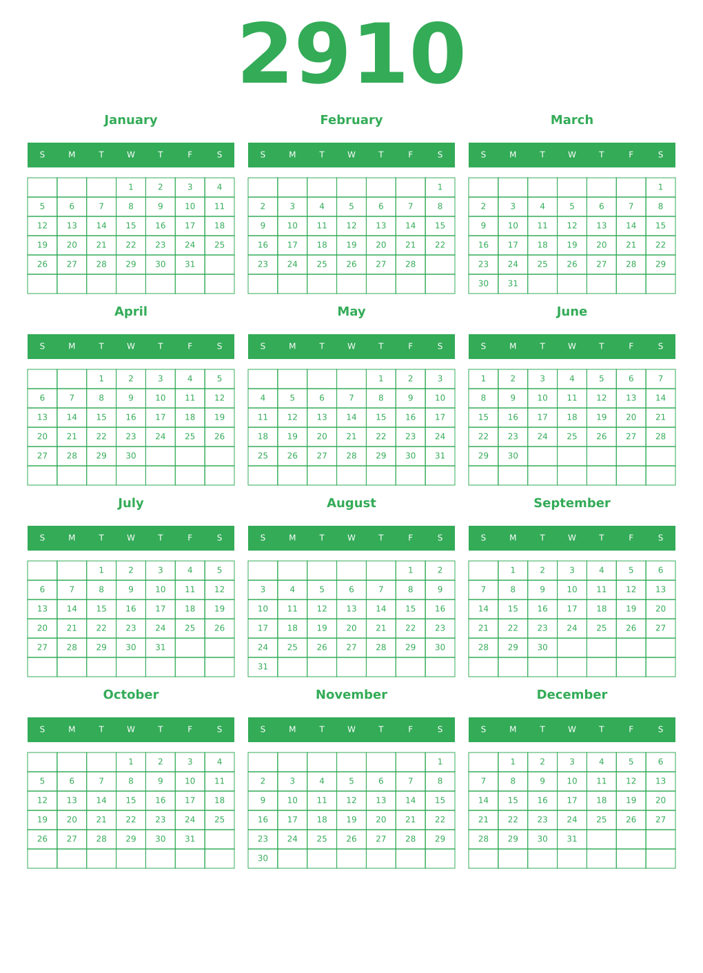 Printable 2910 Year Calendars green