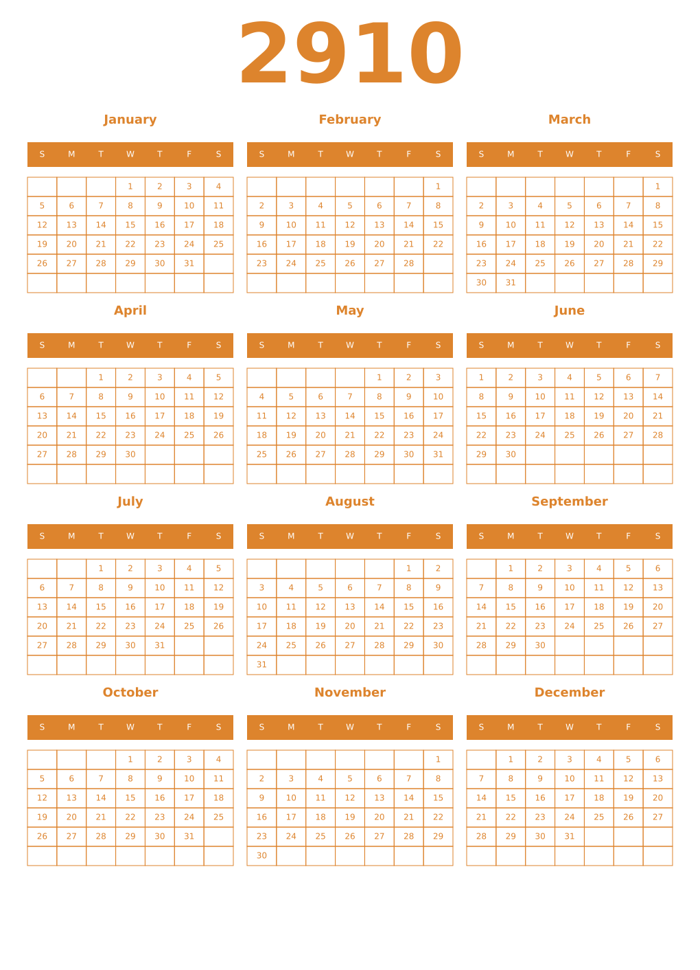 Printable 2910 Year Calendars orange
