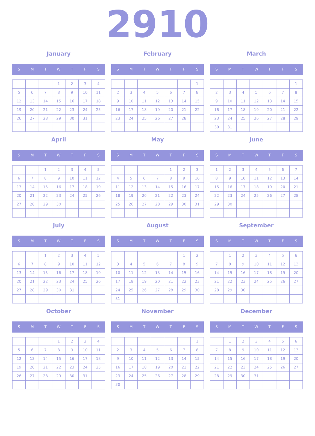 Printable 2910 Year Calendars periwinkle