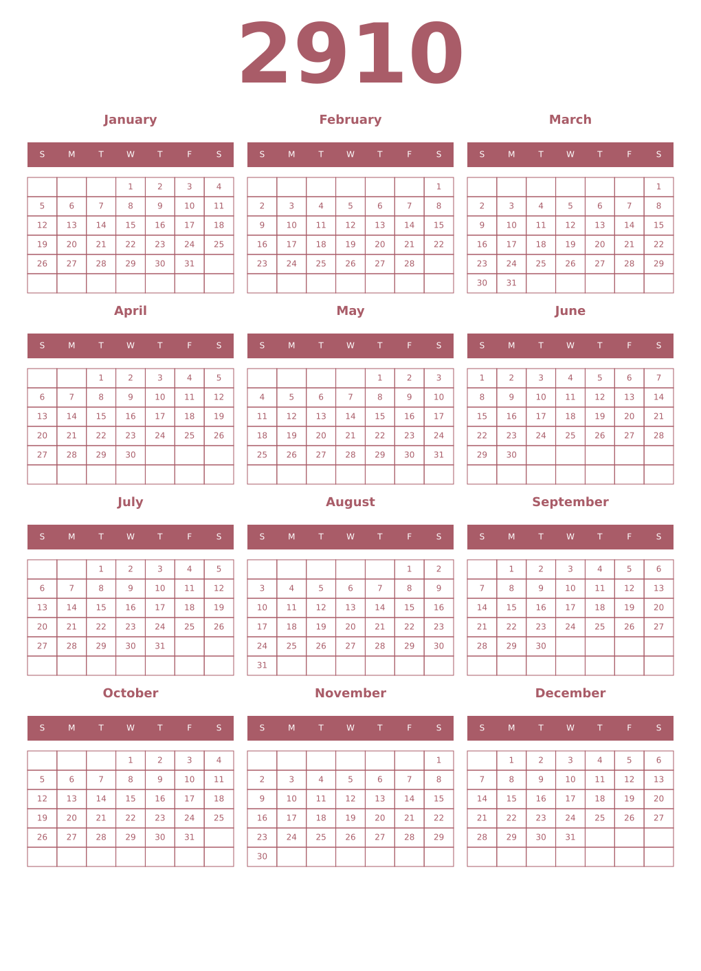 Printable 2910 Year Calendars puce