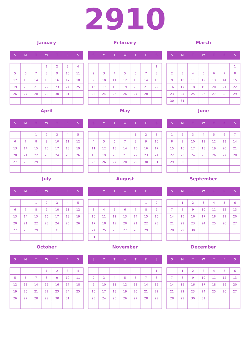 Printable 2910 Year Calendars purple
