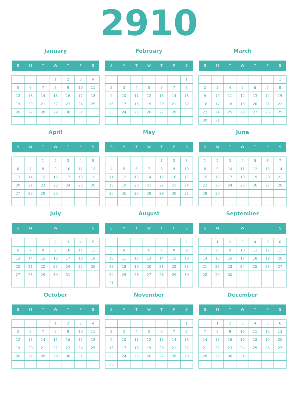 Printable 2910 Year Calendars verdigris