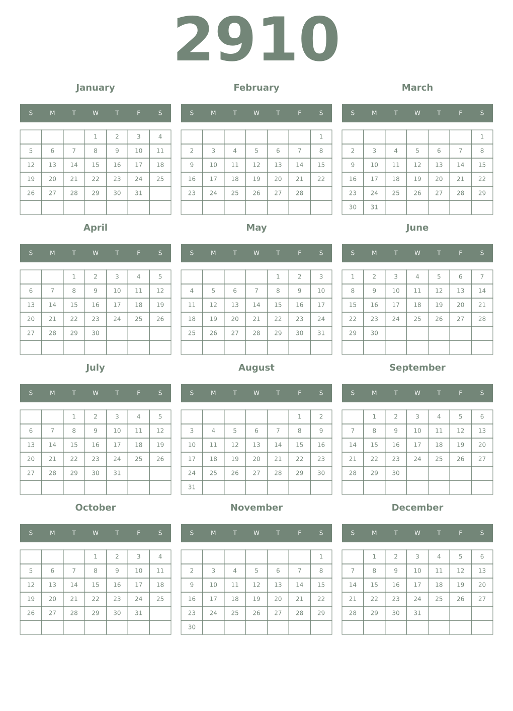 Printable 2910 Year Calendars xanadu