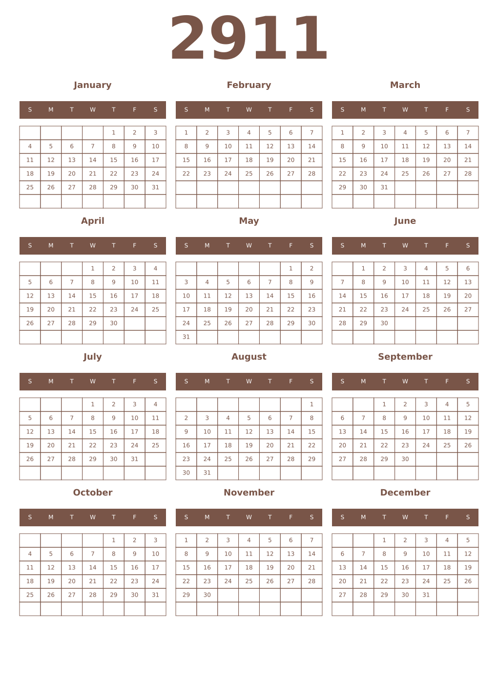 Printable 2911 Year Calendars coffe