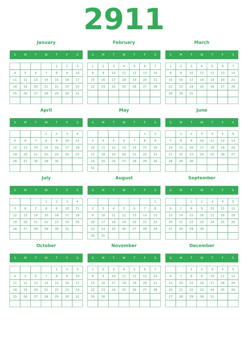 Printable 2911 Year Calendars green