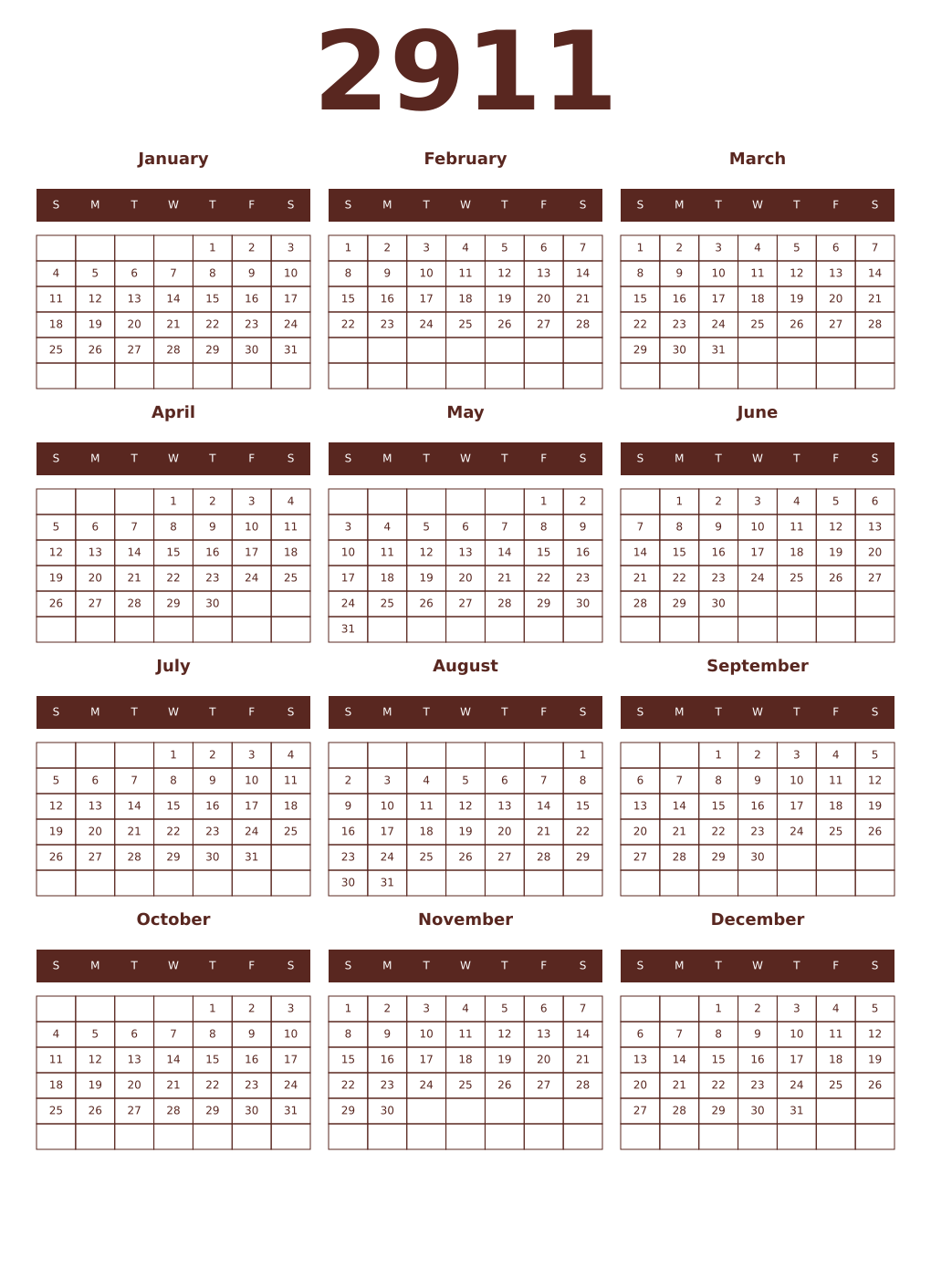 Printable 2911 Year Calendars mortuum